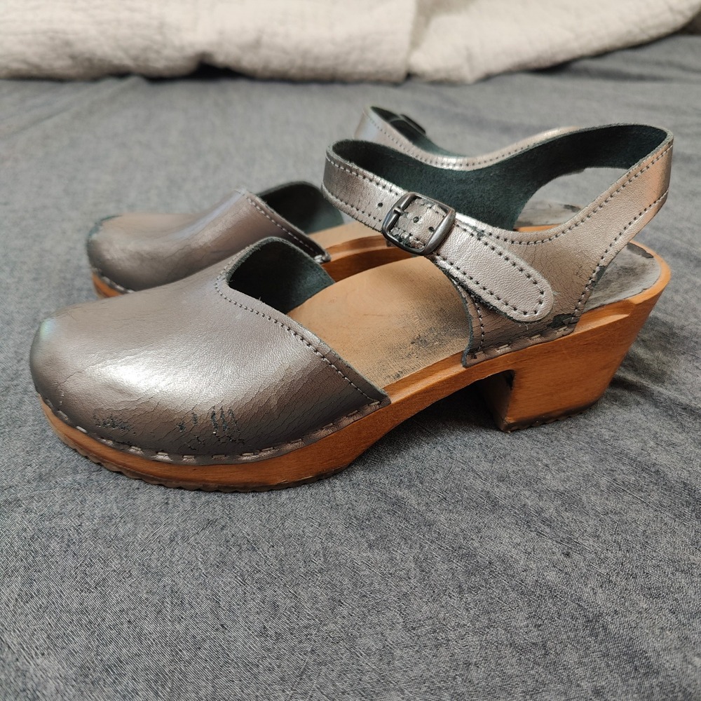 Vollsjo Clogs Womens 40 Pewter Metallic Leather‎ Wooden Ankle Strap Boho Retro - Picture 7 of 12